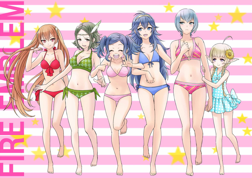 6+girls ^_^ ahoge argyle bikini blonde_hair blue_bikini blue_eyes blue_hair braid cleavage closed_eyes copyright_name cynthia_(fire_emblem) degel fire_emblem fire_emblem:_awakening flower green_bikini green_eyes green_hair hair_flower hair_ornament hashibami_(haru) high_res intelligent_systems lucina multiple_girls nintendo nn_(fire_emblem) noire_(fire_emblem) open_mouth pink_bikini pointy_ears red_bikini red_eyes redhead severa_(fire_emblem) smile star striped striped_bikini striped_swimsuit sunflower swimsuit twin_braids twin_tails violet_eyes